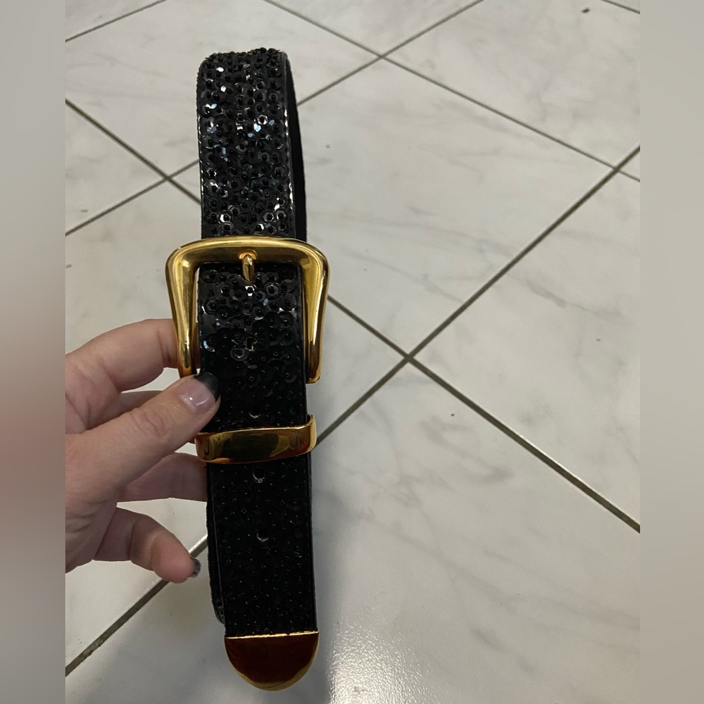 VintaMagid Black Sequin Belt With Chunky Gold Tone Buckle SZ M (29-33)